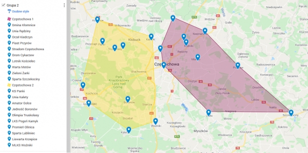 Wariant geograficzny rozgrywek Klasy Okręgowej, grupa II zaproponowany przez ŚlZPN przy współpracy z Podokręgiem Częstochowa